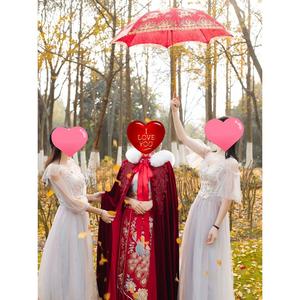 红色雨伞结婚新娘伞婚庆婚礼高档蕾丝花边刺绣大红色长柄欢庆雨伞