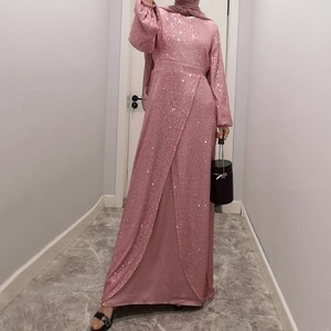 新亮片收腰长裙气质A连衣裙Muslim Maxi Long Dress Women Shiny