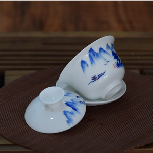 潮州手绘山水盖碗茶杯陶瓷功夫茶具大小号青花瓷三才泡茶碗单个
