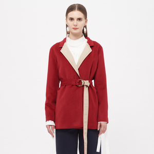 DECOSTER/德诗冬季新款羊毛系腰带直身短毛呢外套气质干练大衣女