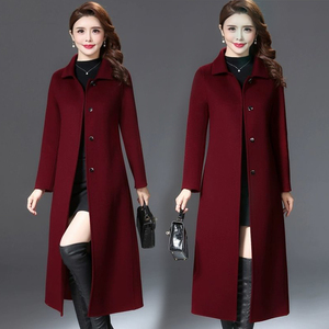 双面羊绒大衣2021年新款秋冬高端女长款过膝枣红色中年女呢子大衣