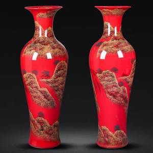 景德镇陶瓷器中国红手绘山水葫芦落地大花瓶装饰摆件客厅酒店大厅