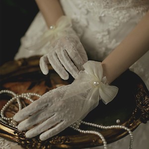 蝴蝶结手套新娘白色蕾丝绸缎結婚緞面蝴蝶结婚紗礼服结婚配饰防晒