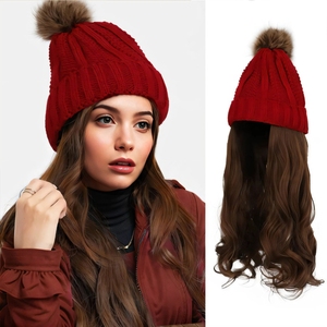 帽子假发女秋冬新款时尚红色带毛球针织帽大波浪假发一体全头套式