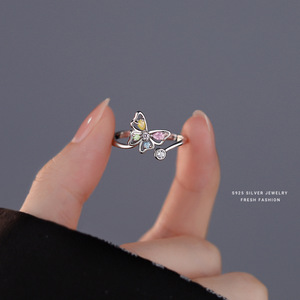 925纯银蝴蝶锆石旋转戒指女气质个性冰花石指环开口可调节食指戒