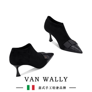 VAN WALLY新款黑色小香风深口高跟鞋女弹力瘦瘦踝靴女细跟女人味