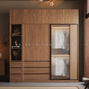 北欧推拉门衣柜家用卧室小户型组合移滑门柜子原木色玻璃成品衣橱