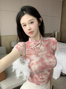新中式国风旗袍短袖t恤女夏设计感小众纯欲辣妹性感短款碎花上衣