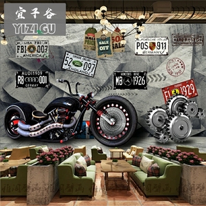 复古摩托机车俱乐部墙纸工业风主题汽车牌照网咖酒吧餐厅装饰壁纸