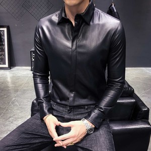2019春秋新款男士纯色黑色皮衬皮长袖皮衬衫个性潮流发型师衬衣潮