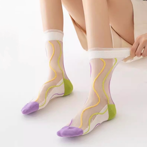 水晶玻璃丝袜子女棉质底夏天清新夏季薄款中筒袜脚面透明冰丝长袜