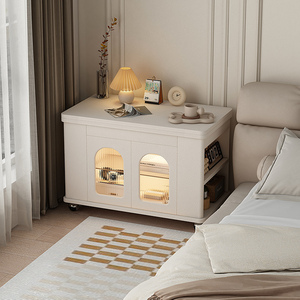 卧室床头柜小茶几小桌子移动可折叠可爱奶油风迷你实木白色小方桌