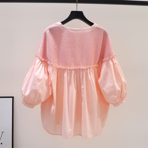 韩国粉色灯笼袖甜美娃娃衫女春季木耳边衬衫针织拼接棉布宽松衬衣