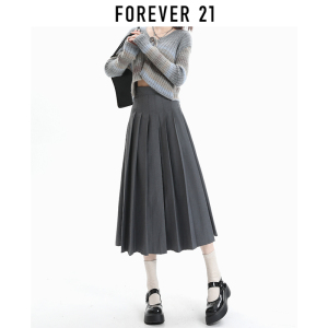 Forever 21灰色高腰气质百褶半身裙女秋冬新款中长款a字西装裙子