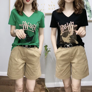 休闲短裤套装女夏季2023新款小个子时尚百搭印花T恤直筒裤两件套