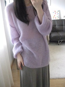 温柔紫色马海毛针织衫女春季宽松外穿慵懒风薄款镂空毛衣套头上衣