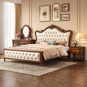 美式乡村复古实木床婚床1.8米桃花心木现代简约双人床储物软包床