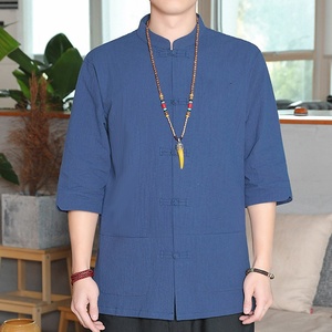 中式唐装男潮牌复古青年中国风亚麻衬衫短袖棉麻中华立领中山衬衣
