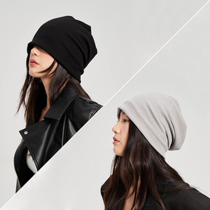 美式冷帽黑色帽子女冬季2023新款秋堆堆帽毛线针织帽薄头巾包头帽