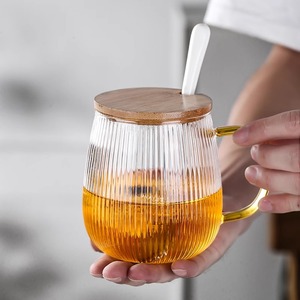 家用牛奶泡咖啡杯办公室泡花茶杯子耐热玻璃茶杯条纹水杯带盖勺子