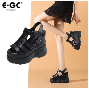 EGC 14cm高跟凉鞋小个子增高显瘦罗马厚底鞋夏季黑色真皮女鞋D110