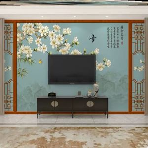 自带边框壁布古典中式书法花鸟壁纸电视背景墙壁画茶客厅定制墙布
