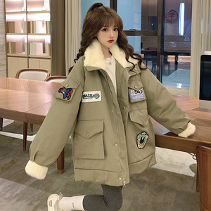 韩国大熊NextKiss大码女装2023冬装韩版新款加厚中长工装外套棉衣