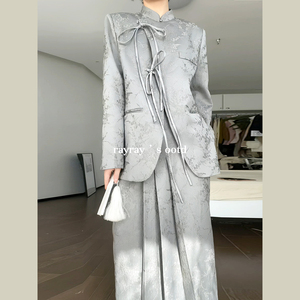 新中式灰色休闲上衣女2024春季新款高级感气质设计感小众名媛西服