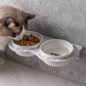 宠物陶瓷饭碗双碗一体多猫悬挂式猫碗猫咪护颈碗猫水碗固定防打翻