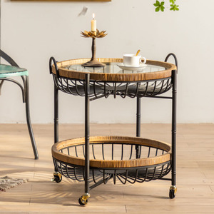 日式圆形藤编铁艺茶几小尺寸创意带轮子客厅沙发边几可移动小推车