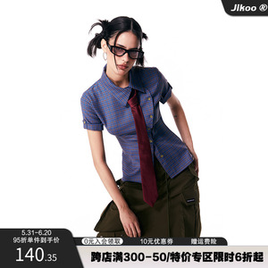 JIKOO短袖格子衬衫女原创小众设计感美式复古辣妹上衣夏装新衬衣