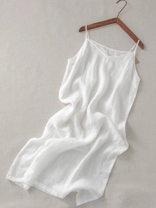 外贸出口原单白色苎麻v领吊带连衣裙子女夏季棉亚麻气质打底长裙