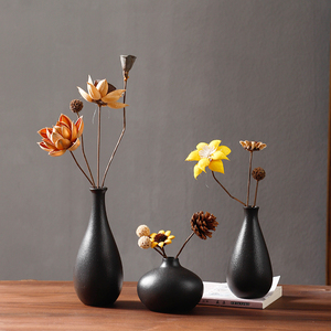 禅意复古黑色小花瓶摆件中式客厅桌面陶瓷水培插花干花花束装饰品