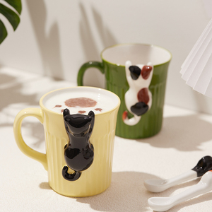 手绘马克杯浮雕偷看猫咪陶瓷杯日式情侣咖啡杯可爱早餐牛奶杯喝水
