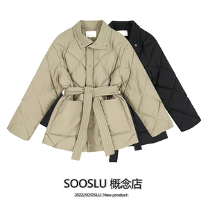 SOOSLU 韩版短款棉服女冬季新款棉衣加绒外套系带收腰保暖厚棉袄