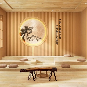 3d新中式木纹格栅墙纸茶室酒店餐厅壁画养生馆古筝教室背景墙壁纸