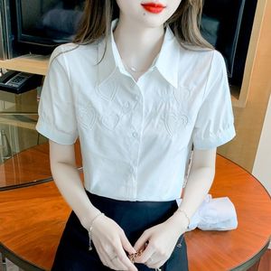 夏季2023年新款爱心刺绣翻领职业白衬衫短袖洋气衬衣女设计感小众