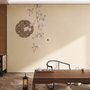 中式花鸟壁纸中国风瑜伽养生馆茶室餐厅古风背景古筝教室拍照墙纸