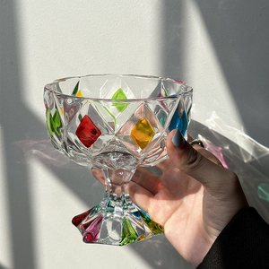 会折射彩虹光泽彩绘小吃杯早餐酸奶碗blingbling手绘设计感玻璃杯