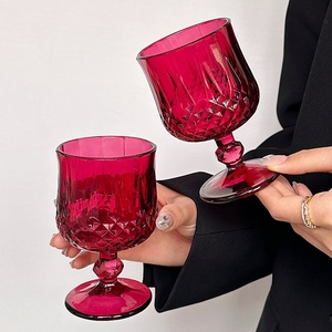 ins复古玫红色浮雕钻石香槟杯红酒杯高颜值家用玻璃杯葡萄酒杯子