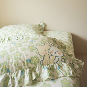 MOMO |绿花抱抱兔 |纯棉清新碎花床单床笠被套枕套单件床品卧室春
