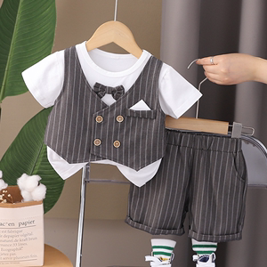 婴儿衣服夏季男童帅气周岁礼服马甲短袖两件套0-1-2周岁3宝宝夏装