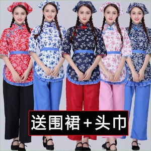 阿庆嫂村姑衣服女碎花新款成人采茶女表演服喜儿话剧舞台演出服装