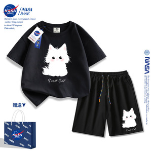 NASA小猫女童夏季套装2024新款夏季洋气纯棉中大童运动服两件套