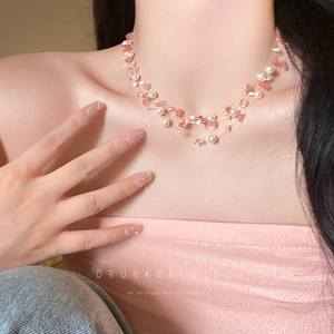 粉色天然石珍珠串珠项链女清冷感小众设计甜美配饰温柔气质锁骨链