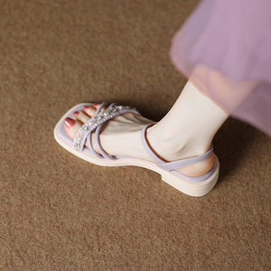 绝美低跟舒适小香风紫色凉鞋女夏季2024新款软底小众高级感平底鞋