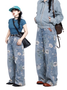 【珍猪女士】复古花卉牛仔裤 美式街头设计感高腰宽松Vintage长裤
