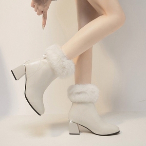 新款毛绒中筒靴冬季2024韩版仙女毛毛鞋兔毛粗跟加绒百搭雪地靴子