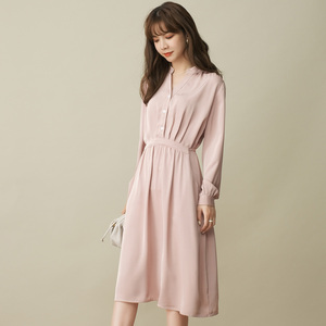 F.NY法妮春秋女装连衣裙长袖2021年新款时尚法式收腰粉色早秋气质