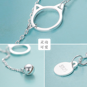 香港正生纯银s925纯银项链女猫咪铃铛镂空锁骨链清新可爱甜美气质